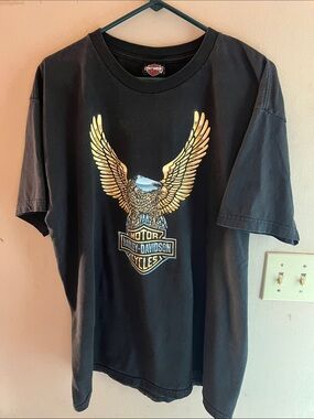 VINTAGE Y2K 2003 HARLEY DAVIDSON FADED BLACK EAGLE AND BAR & SHIELD SHIRT XL